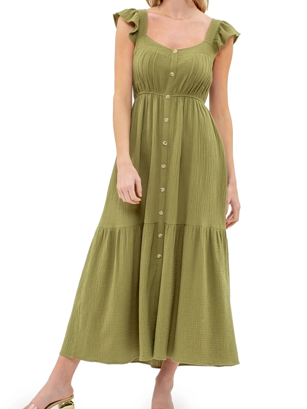 Ruffle Sleeve Olive Green Button-Front Cotton Maxi Dress